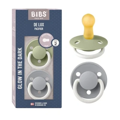 Image of BIBS De Lux Soother 2 Pack, BPA Free Dummy Pacifier, Round Nipple. Natural Rubber Latex, Size (6 18 Months), Sage Night/Cloud Night