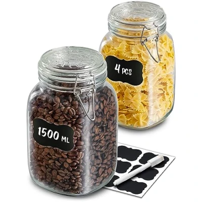 Image of Praknu Glass Jars With Clip Lids Large 1500ml 4 Pack Airtight Storage Labels, Pen &amp; Extra Silicone Seals Square Shape Dishwasher safe