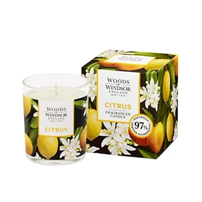 Image of Woods of Windsor Candle, Citrus Soy Wax Candle with 33 Hour Burn Time, Zesty Scented Notes Musk and Amber to Help Neutralise Odor, Scent 150g