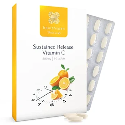 Image of Healthspan Vitamin C Sustained Release 500mg (3 Months&#039; Supply) to Support Your Immune and Nervous Systems Added zinc Cognitive Function Vegan