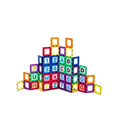 Image of Playmags 36 Pcs Magnetic Tiles Building Set For Kids Includes 18 Stronger Magnets Clear Color Magnet Windows Letters &amp; Numbers Stimulate Creativity Development