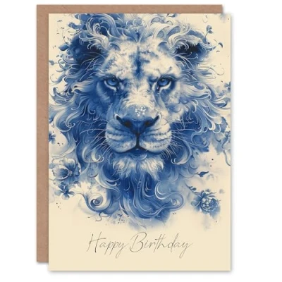Image of Artery8 Birthday Card Blue Stylised Ethereal Lion with Flowers For Him Man Male Dad Brother Son Papa Grandad Greeting