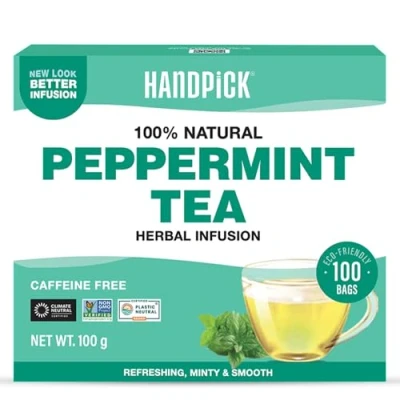 Image of HANDPICK, Peppermint Tea Bags (100 Count) Non GMO, 100% Pure Herbal Minty, Fresh &amp; Cool flavor Premium Round Eco conscious