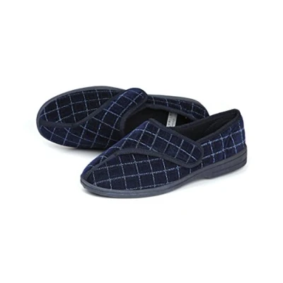 Image of Homecraft Loop Check Wasbable Slippers for Gents, Comfortable with a Wide Opening Swollen or Sore Feet, Shoes Wearing Around the House, Navy, Size 9