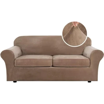 Image of LINGKY Velvet Sofa Cover 2 Seater With Separate Seat Cushion Covers, Stretch Couch Non Slip Slipcovers for Living Room Furniture Protector (Camel,Large Seater)
