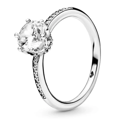 Image of PANDORA Signature Women&#039;s Sterling Silver Sparkling Crown Cubic Zirconia Solitaire Ring, Size 56, No Box