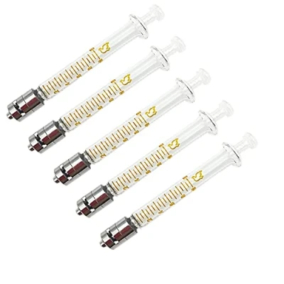 Image of 5 Pack Glass Syringes with Caps, 1ml Luer Lock Reusable Syringe, Metal Caliber Injector Laboratory Sampler for
