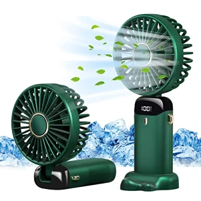 Image of Jsdoin Hand Held Fan,Portable Handheld USB Rechargeable Fans with 5 Speeds,Battery Operated Mini Fan Foldable Desk Desktop LED Display for Home Office Bedroom Outdoor Travel (Green)
