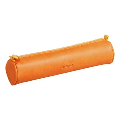 Image of RHODIA 318994C Rhodiarama Tangerine Round Pencil Case 21.5 x 5.5 cm Genuine Orange Stitching Ivory Jersey Interior Faux Leather Storage for Pens, Pencils, Markers, Small Supplies