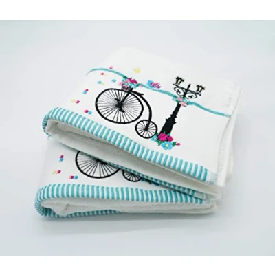 Image of Lex&#039;s Linens Pack of 2 Penny Farthing Bicycle, Lamp &amp; Floral Embroidered Hand Towels