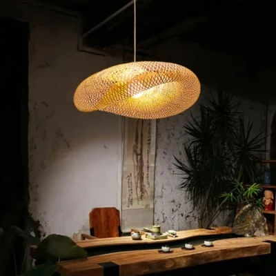 Image of KLUFO E27 Pendant Light Wood Vintage Bamboo Lantern Ceiling Retro Round Chandelier Hand Woven Rattan Lampshade Lamp Restaurant Living Room Bedroom Office Decorative Lighting Hanging Light,60cm