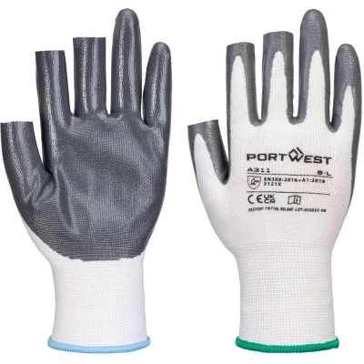Image of Portwest Grip 13 Nitrile 3 Fingerless Glove (Pk12) White/Grey Small