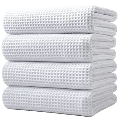 Image of POLYTE Microfibre Oversize Quick Dry Lint Free Bath Towel, 152 x 76 cm, 4 Pack (White, Waffle Weave)