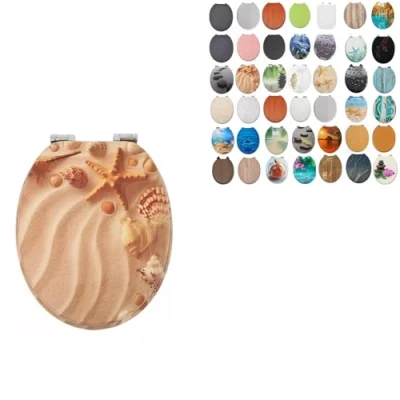 Image of 18&quot; MDF Toilet Seat Universal Adjustable Fit Most Toilets Oval Seat┃Bathroom Standard Wooden WC +Fittings┃Quick Release (Starfish &amp; Shell On The Beach Novelty)