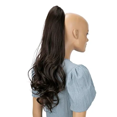 Image of CAISHA 24&quot; Long Hair Clip On Ponytail Extension Heat Resistant Synthetic Hairpiece Slightly Wavy Dark Brown H519