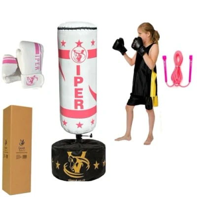 Image of Children Kids Boxing Free Standing Punch Bag Boys Girls Gloves Kick Fitness Viper WHITE/PINK Adjustable Height
