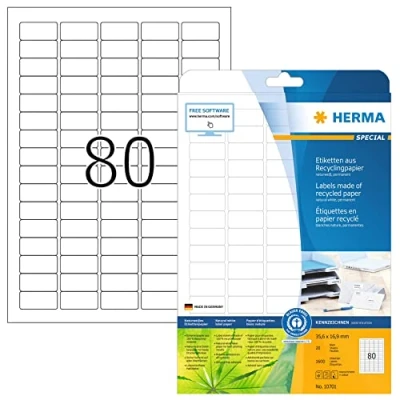 Image of HERMA Self Adhesive Recycling Labels, 80 Labels per A4 Sheet, 20 Sheets, 35.6 x 16.9 mm, 1600 100% Recycled Paper Stickers, Sticky for Laser &amp; Inkjet Printer, Natural White