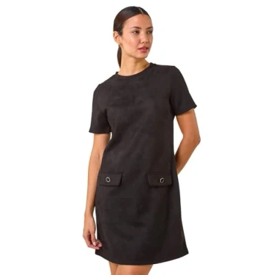 Image of Roman Originals Suedette Button Shift Stretch Dress for Women UK Ladies Everyday Autumn Winter Round Neckline Comfy Soft Evening Vacation Work Party Night Out Black Size 14