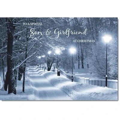 Image of doodlecards Son and Girlfriend Christmas Card Snowy Street Scene Medium Size for &amp; with Plain Envelope