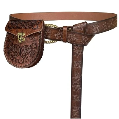 Image of HiiFeuer Viking Fenrir Embossed Buckle Belt with Nordic Bag, Vintage Faux Leather and Pouch Set for LARP (Brown C)