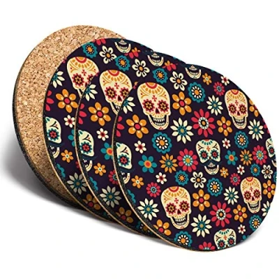 Image of Destination Vinyl ltd Great Coasters (Set of 4) Round Flowery Sugar Skull Floral Mexican Drink Glossy Coasters/Tabletop Protection for Any Table Type #8780