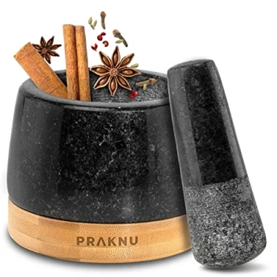 Image of Pestle and Mortar Set Small Solid Granite For a Fine Grinding Result Includes Sustainable FSC®Wooden Base Easy to Clean
