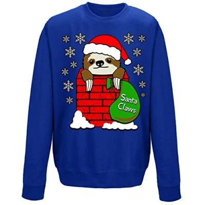 Image of Santa Claws Cute Sloth In Chimney Festive Christmas Kids Sweatshirt Royal Blue 9 11 Years (L)