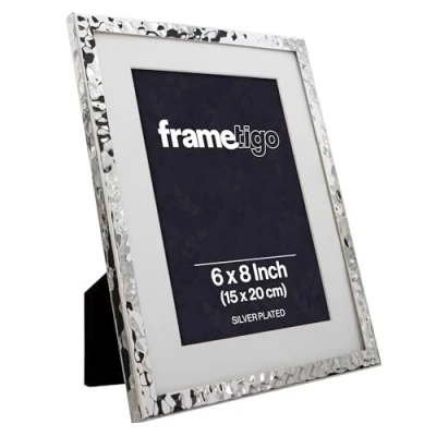 Image of Frametigo Silver Plated Hammered White Mount Photo Frame Fits Size 6&quot;x8&quot; (15x20cm)