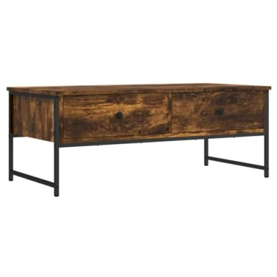 Image of vidaXL Smoked Oak Coffee Table with Two Drawers Stylish Industrial Style Engineered Wood/Metal Living Room Furniture