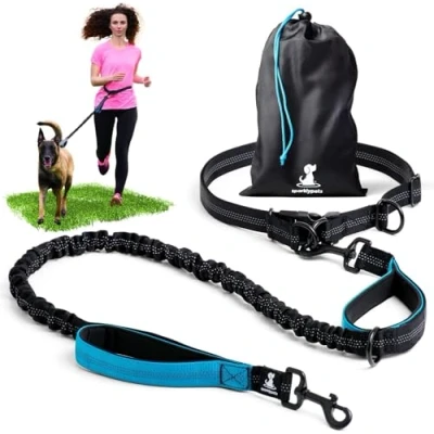 Image of SparklyPets Hands Free Dog Lead For Medium and Large Dogs Professional Running with Reflective Stripes Waist Walking, Training, or Jogging (Blue, 1 Dog)