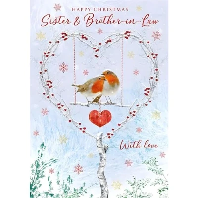 Image of Nigel Quiney Brother &amp; Sister in Law Christmas Card Robins and Snowy Wreath Design Special Finish Illustrated Insert Leaf Made the UK Eco Friendly