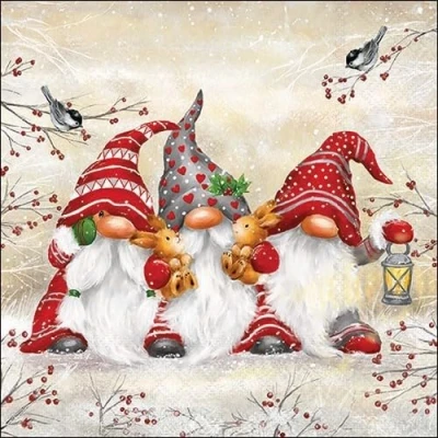 Image of 20 Napkins Winter Three Red Gnome on Branches as Table Decoration Paper with Motif Also for Decoupage and 33 x cm