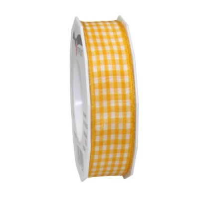 Image of C.E. Pattberg Präsent Vichy Wired Ribbon Yellow White 25 mm width, 20 m length