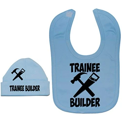 Image of Acce Products Trainee Builder Baby Feeding Bib &amp; Beanie Hat 3 6 Months Blue