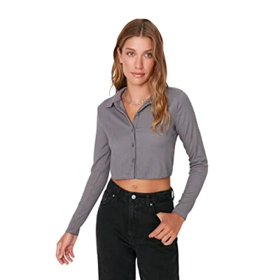 Image of Trendyol Women Regular fit Basic Shirt Collar Knitted Blouse Grau