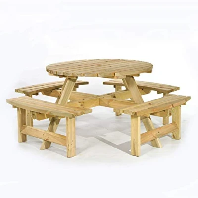 Image of BrackenStyle Wooden Round Table with Bench and Parasol Hole 1 Piece Furniture Outdoor Dining for Picnic, Garden, Patio, 8 People Seater 1.8M Diameter (Green Pine)