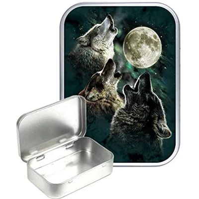 Image of TEEZ Wolf Chorus Silver Hinged Tin,Small 30ml tin, Pill Pocket Gift Box, 1oz Tobacco Herb Tin