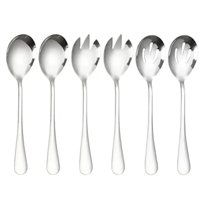 Image of ARFUKA Salad Servers Stainless Steel Serving Set Spoon and Fork Kitchen Cooking Utensil Cutlery Gifts Silver, of 6