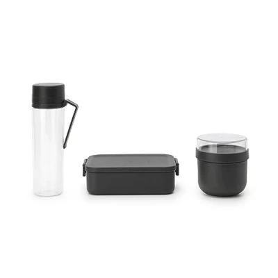 Image of Brabantia Make &amp; Take Breakfast Lunch Set of 3: Water Bottle 0.5L, Bowl 0.5L Box Medium (1.1L) BPA Free Leakproof Dishwasher Safe Dark Grey