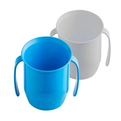 Image of Doidy Cup Twin Pack Training Sippy Cups Unique Slanted Design Two Handles Great Weaning for Milk, Juice Use from 3 6 Months to Toddler PP Material 200ml (Blue and Grey)