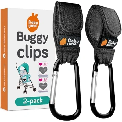 Image of Baby Uma Award Winning Buggy Clips 2022 Double Platinum Pushchair Accessories, Universal Pram Accessories &amp; Rollator Carry 5kg per Clip, Non Slip 2 Pack (Black)