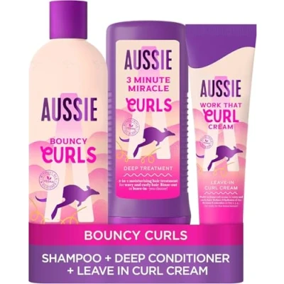 Image of Aussie Curls Shampoo and Conditioner Set with Leave In Curl Cream, Curly Hair Products Coconut Oil, Jojoba Oil &amp; Macadamia Nut 300/225/160 ml