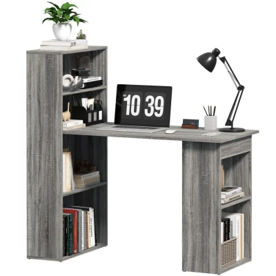 Image of HOMCOM 120cm Modern Computer Desk Bookshelf Study Table Workstation PC Laptop Writing Home Office 6 Shelves, Grey Wood Effect