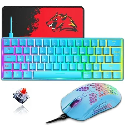 Image of ZIYOU LANG T60 60% Mechanical Gaming Keyboard and Mouse [UK Layout] RGB Light up Type C Ergonomic Mini 12000 DPI USB Honeycomb PC Computer Blue+ Red Switch