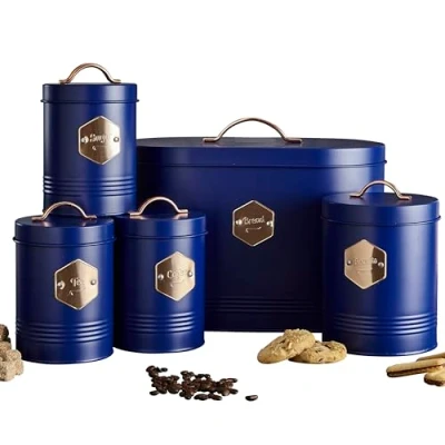 Image of Neo Matte Matt &amp; Copper Metal Badge 5 Kitchen Countertop Canisters Jars Tins Set Tea Coffee Sugar Biscuit Bread Bin Box Food Storage Organiser (Navy)