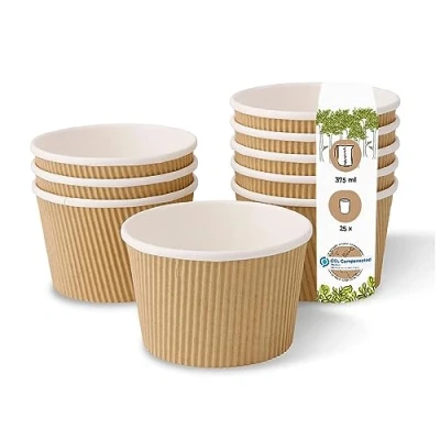 Image of BIOZOYG one Way Bio Soup Cup to Go Disposable Dishes I Corrugated Kraft Board with Water Based Inner Barrier on The Inside White/Brown, Unbleached 25 Single use beakers compostable 375 ml