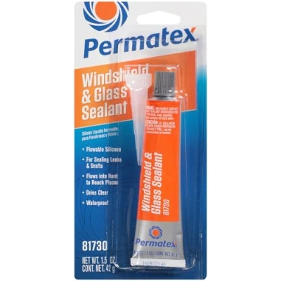 Image of Permatex 81730 Flowable Silicone Windshield &amp; Glass Sealer, Helps seal Leaks in Hidden and Hard to reach Areas, Forms a tough waterproof durable clear 1 x 42g