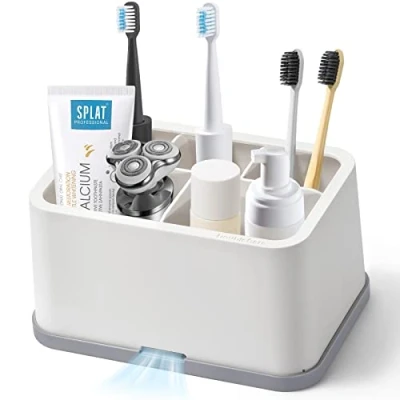 Image of DoubleCare White Toothbrush Holder for Bathroom Detachable Easy Clean 5 Slots Electric &amp; Toothpaste Caddy Family Kids on Vanity，Sink，and countertop，Transparent (YJ 01)