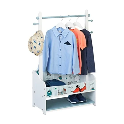 Image of Relaxdays Clothes Rack for Children, Wardrobe HWD: 101 x 71 30 cm, 4 Hooks, 2 Shelves, with Shoe Shelf, Colourful Dogs, Wood