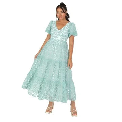 Image of Maya Deluxe Women&#039;s Ladies Midi Dress V Neck Short Puff Sleeves Keyhole Back Floral Embroidery Tie Bow A line for Wedding Guest Prom, Mint, 14